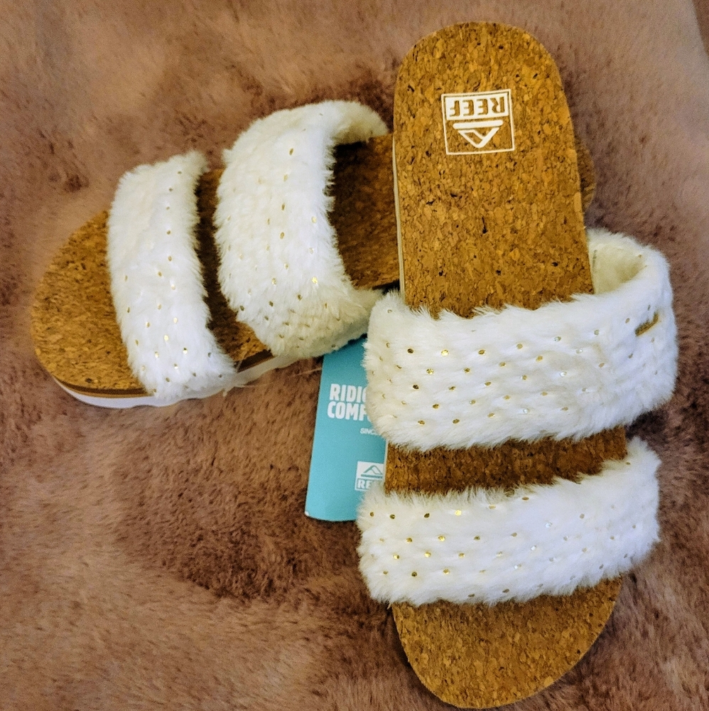 NEW Reef Cushion Vista Fuzzy Cork Slides Faux Fur White Beachy Size 10 - Picture 2 of 10